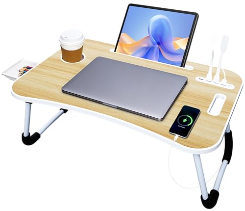 23.6 in Laptop Lap Desk, Foldable Laptop Table Tray with 4 USB Ports, 1 USB Charging Cable, Storage Drawer, Cup Holder, Bed Desk Stand Lap Tray Portable Standing Table for Bed Couch Floor - color: Wood