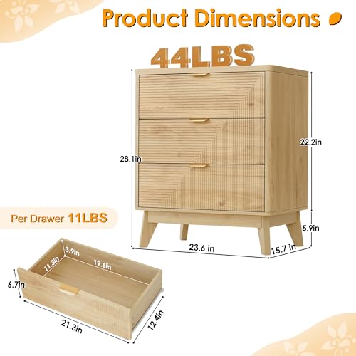 LYNCOHOME 3 Drawer Fluted Nightstand, Modern Wood Night Stand with Curved Profile, Fluted Tall Nightstand with Drawers, Light Oak - color: Natural Stripes, size: 15.7"D x 23.6"W x 28.1"H（3 Drawers）
