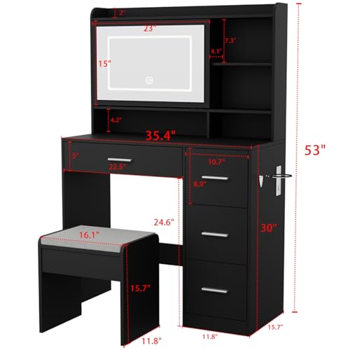 Viaozutis Vanity Desk with a Mirror and Lights，with Chair and Four Drawers, Three Adjustable Lighting Modes，with Power Outlet and Sliding LED Mirror,Bedroom Vanity Desk (Black) - style: Black