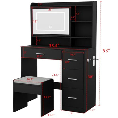 Viaozutis Vanity Desk with a Mirror and Lights，with Chair and Four Drawers, Three Adjustable Lighting Modes，with Power Outlet and Sliding LED Mirror,Bedroom Vanity Desk (Black) - style: Black