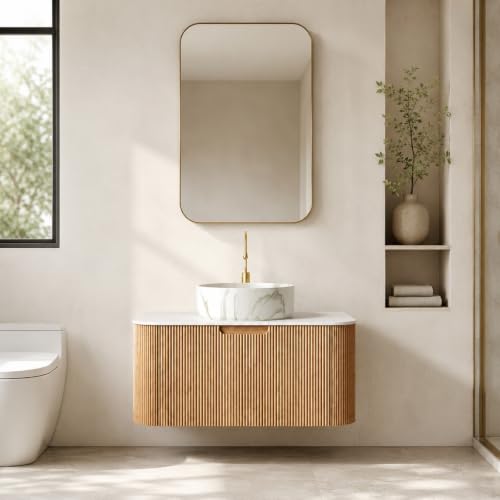36" Floating Bathroom Vanity with Sink, Wall Mounted Plywood Cabinet, Natural Wood Grain Fluted Front, Sintered Stone Countertop, White Marble-Look Ceramic Vessel Sink, Soft-Close Drawer - color: Natural Oak Cabinet / White Marble Sink, size: 36 Inch