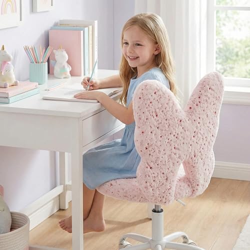 chairus Kids Desk Chair Butterfly Faux Fur Study Chair for Teenage Girls Adjustable Kids Vanity Chair for Bedroom Reading Living Room, Small Cute Student Task Chair with White Foot, Baby Pink - color: Butterfly, Pink