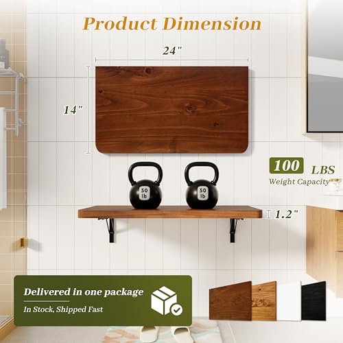 Dogsky 24" x 14" Floating Wall Desk, Fold Down Wall Table - 100 lbs Heavy Duty Solid Pine Wall Mount Folding Desk for Home Office, Laundry Room, Kitchen & Small Apartment, Walnut - color: Walnut, size: 24'' x 13.7'' x 6.3''