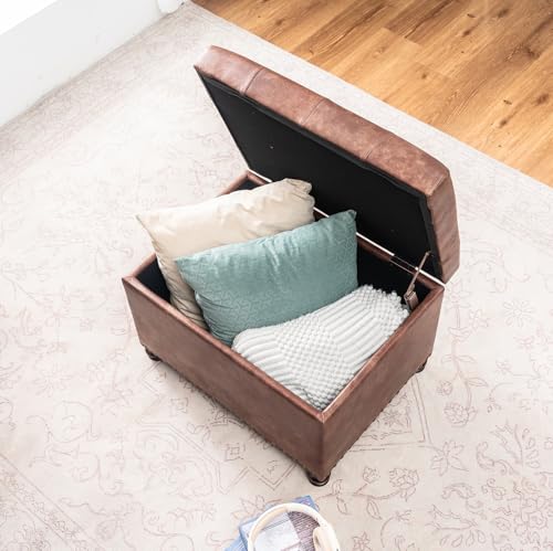 Leather Storage Ottoman, 24" Rectangle Tufted Square Upholstered Bench, Foot Rest Stool with Wood Legs, Footstool for Living Room Bedroom, Coffee - color: Coffee
