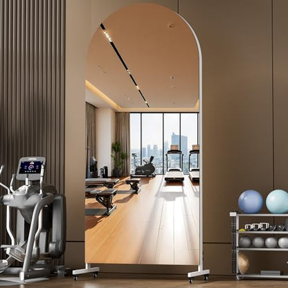 Hasipu 75" x 32" Arched Full Length Mirror on Wheels | HD tempered glass, sturdy aluminum frame, 4 smooth casters with locks, ideal for yoga, dance studio, bedroom & home gym. - size: 75"L x 32"W
