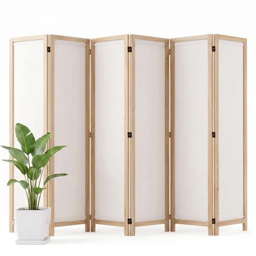 Wood Room Divider Panel with Linen Fabric, Boho Folding Privacy Screen 67" | Two Way Hinges, No-Assembly Required, Freestanding Screen For Bedroom, Living, Office or Apartment - color: Natural, size: 6 Panel