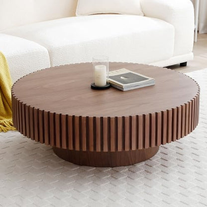 31.49'' Round Coffee Table for Living Room, Modern Wood Nesting Coffee Table Handcraft Circle Fluted Drum Coffee Table, Easy Assembly - color: Walnut, size: 31.49"x17.91"x13.77"