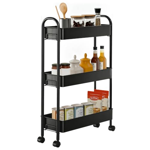 Slim Rolling Cart, Metal Frame Utility Rolling 3-Tier Narrow Storage Cart | Kitchen Storage Organizer, Mobile Shelving Unit for Bathroom Kitchen - color: Matte Black