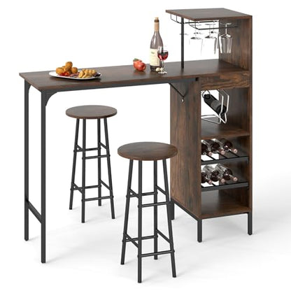 GOFLAME Bar Table Set for 2, Counter Height Dining Table Set with Shelves, Cup Holder & Wine Rack, Breakfast Table & Stools Set, 3-Piece Pub Table Set for Kitchen, Dining Room, Rustic Brown - color: Rustic Brown