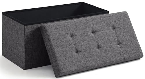 Ornavo Home 30 Inch Folding Storage Ottoman Bench, Tufted Linen, Dark Gray | Upholstered Large Ottoman with Lid; Foot Rest Stool; Ideal for Bedroom, Living Room or Entryway - color: Dark Gray, size: 15"d X 30"w X 15"h