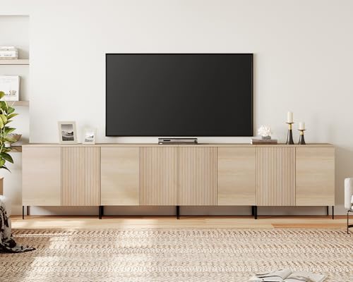 WAMPAT 4 in 1 Modern TV Stand TVs up to 120 inches, Fluted 126" W Entertainment Center with 8 Doors Storage and Adjustable Shelves, Wood Media TV Consoles Table with Storage for Living Room, Beige - color: Beige, size: 126" W