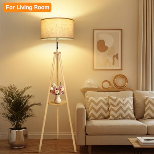 OUTON Wood Tripod Floor Lamp with Shelves, Mid Century LED Modern Dimmable Floor Lamp with Remote Control, Sturdy Tall Standing Lamp with Beige Lamp Shade for Living Room, Bedroom, Office - color: Wood & Touch Control