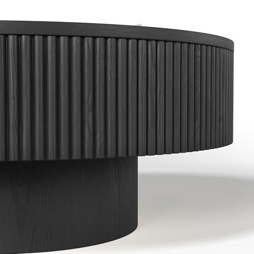 YOUDENOVA 35” Round Fluted Coffee Table, Modern Wood Circle Coffee Table, Veneer Handcrafted Relief Tea Table with Sturdy Pedestal for Living Room - Black - color: 35" Black-round