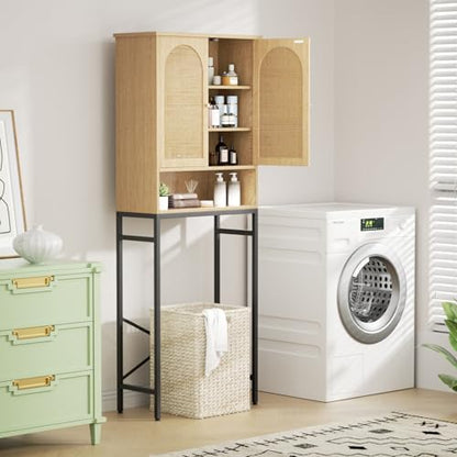 Rattan Toilet Storage Cabinet, Over the Rack Wood Cabinet with Metal Stand, Bathroom Organizer with Adjustable Shelf, Tall Freestanding Washer Shelf, Small Cupboard, Space Saver, Natural style - color: Rattan Door-natural