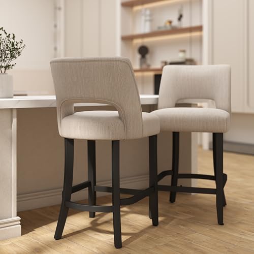 VKNOW Bar Stools Set of 2, 26" Upholstered Counter Height Bar Stools | Modern Counter Stools with Black Rubberwood Legs for Kitchen Island Dining Room Bar, Beige-Black Legs - color: Beige-black Legs, size: Set of 2
