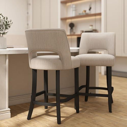 VKNOW Bar Stools Set of 2, 26" Upholstered Counter Height Bar Stools | Modern Counter Stools with Black Rubberwood Legs for Kitchen Island Dining Room Bar, Beige-Black Legs - color: Beige-black Legs, size: Set of 2