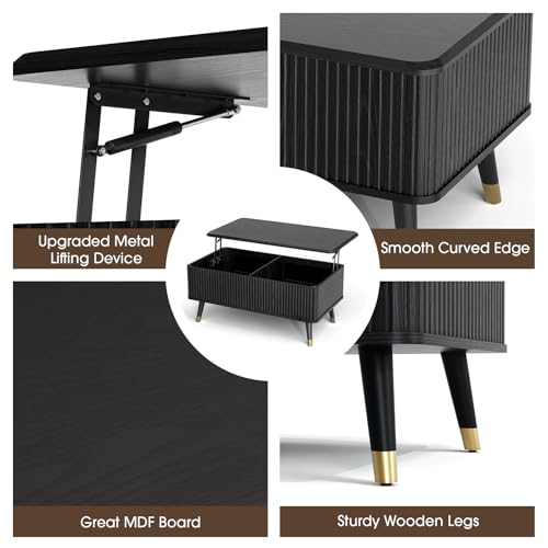 SULIVES Lift Top Coffee Table with Storage,Fluted Coffee Table with Lifting Top,Mid Century Modern Center Table with Solid Wood Legs,Small Coffee Tables for Living Room,Black - color: Black_rectangular