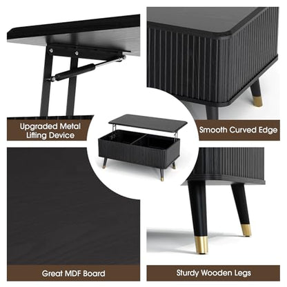 SULIVES Lift Top Coffee Table with Storage,Fluted Coffee Table with Lifting Top,Mid Century Modern Center Table with Solid Wood Legs,Small Coffee Tables for Living Room,Black - color: Black_rectangular