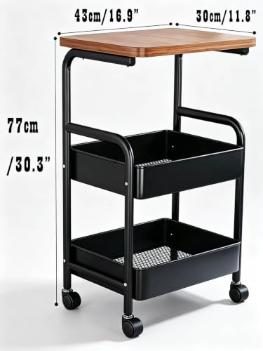 3 Tier Metal Storage Utility Cart with Wooden Top, Rolling Home Organizer | Stable and Sturdy, 2 Lockable Wheels, Multi-Purpose for Snacks, Coffee, Craft, Makeup, Garage, Bedside, Kitchen, Office