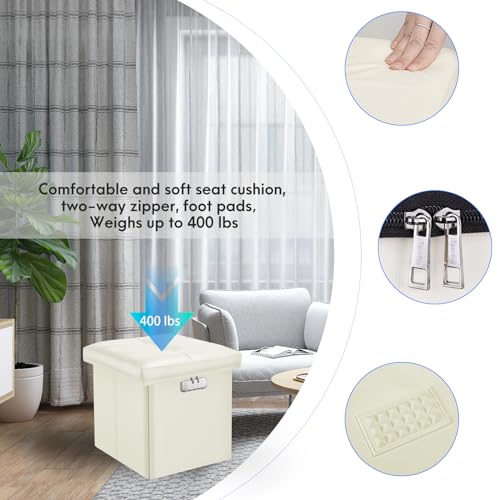 Tamfile Small Ottoman with Storage, 13 x 13 x 13 inch Fireproof Safe Folding Ottoman with Lock for Important Documents, Waterproof Foot Rest Stool with Storage, Ottoman Foot Rest with Handle, Beige