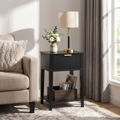 FuniXpress Black 15" Wide Small Nightstand with Drawer, Shelf, Fluted Front | Black wood-grain finish, fluted drawer with gold handle accent, 11.8-inch slim depth, compact storage for small spaces - color: Black