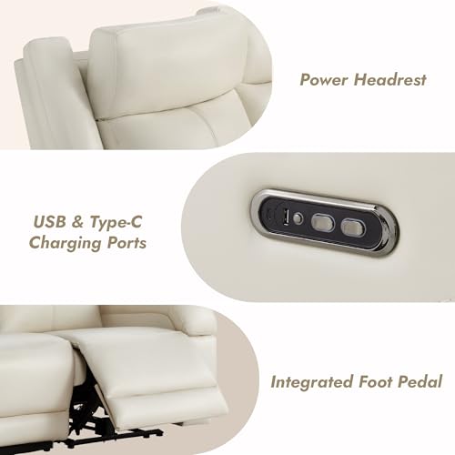 Watson & Whitely Genuine Leather Power Recliner Sofa & Loveseat Set, Cream | Wall Hugger Reclining Sofas, Power Headrest, Center Storage Console, Charging Ports, Cup Holders, Living Room Furniture Set - color: Cream, style: Loveseat+3 Seater Sofa