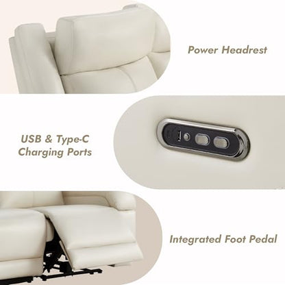 Watson & Whitely Wall Hugger Power Reclining Sofa with Console, Cream | Genuine Leather Recliner Sofa, Power Headrests, Center Storage Console, Cup Holders, 3-Seater Couch, Living Room & RV - color: Cream, style: 3 Seater Sofa (with console)