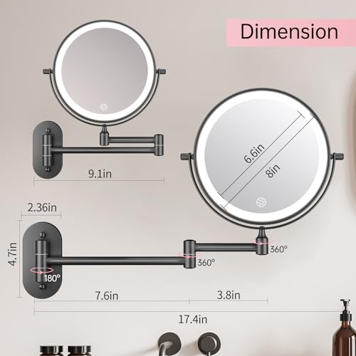 FUNTOUCH 5000mAh Rechargeable Wall Mounted Lighted Makeup Mirror 1X30X | Double Sided 1X 30X Magnifying, 3 Color Lighting, Touch Dimming, Extended Arm 360 Rotation Light up Bathroom Mirror Black - color: Black