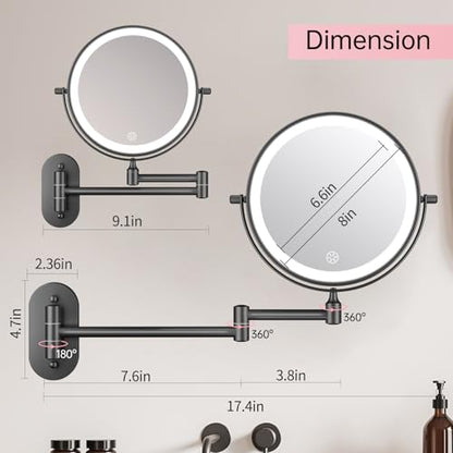 FUNTOUCH 5000mAh Rechargeable Wall Mounted Lighted Makeup Mirror 1X30X | Double Sided 1X 30X Magnifying, 3 Color Lighting, Touch Dimming, Extended Arm 360 Rotation Light up Bathroom Mirror Black - color: Black