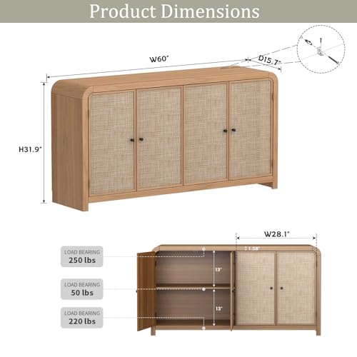 Oak&Sparrow Oak Rattan Sideboard Buffet Cabinet, 60'', 4 Doors | Boho Style, Adjustable Shelves, With Storage, For Living Room, Hallway & Kitchen - color: Natural Oak