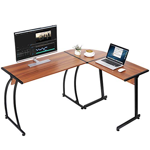 Modern L-Shaped Home Office Desk with Round Corner Computer Desk Gaming Writing PC Laptop Workstation with Solid Steel Frame Desktop (Walnut) - color: Walnut
