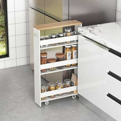 MAT EXPERT Slim Rolling Storage Cart, 4-Tier Freestanding Slim Storage Cart with Wheels 360 Degree & Metal Handle, Wooden Utility Cart for Narrow Kitchen, Laundry Room, Bathroom (White + Natural) - color: White + Natural