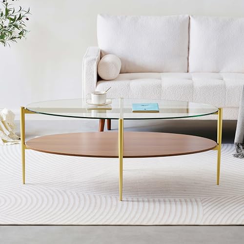 LumFurn Oval Glass Coffee Table, Surfboard Shaped Mid-Century Modern for Living Room, L43xW22xH17inch, Clear Glass and Walnut Finish Wood, Gold Finish Frame - color: Oval L43" Clear & Walnut