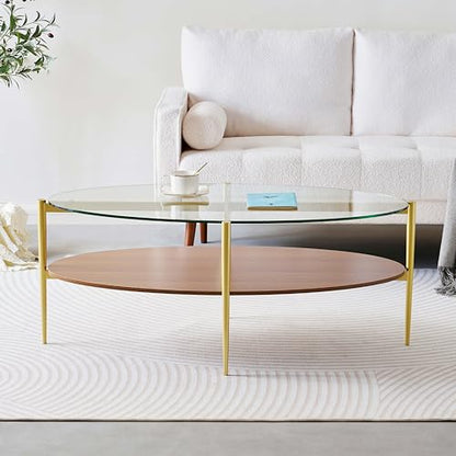 LumFurn Oval Glass Coffee Table, Surfboard Shaped Mid-Century Modern for Living Room, L43xW22xH17inch, Clear Glass and Walnut Finish Wood, Gold Finish Frame - color: Oval L43" Clear & Walnut
