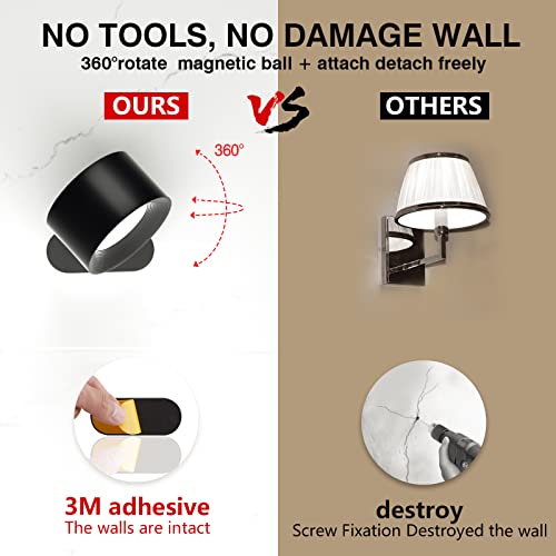 Deyagoo LED Wall Sconce, Rechargeable Wall Light with Remote-Black | 3 Colors, Dimmable, Magnetic Rotating Head, 360 Degree Rotate - color: A-Black
