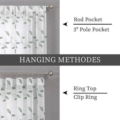 Tollpiz Sage Green Leaf Sheer Tier Curtains Leaves Embroidered Kitchen Short Curtain Rod Pocket Voile Bathroom Curtains for Cafe, 30 x 24 inches Long, Set of 2 Panels | Short Curtain Leaves Embroidered Rod Pocket Voile Bathroom Window Treatment for Cafe,