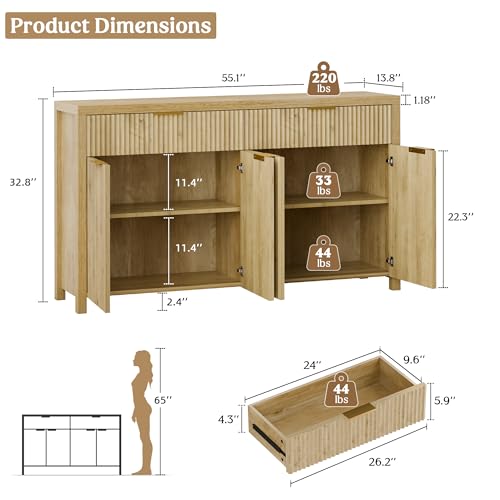 55" Sideboard Buffet Cabinet with Storage for Kitchen, Natural | Adjustable Shelves, Quiet Full-Extension Slides, Curved Metal Handle, Coffee Bar with Drawers for Dining Room, Entryway - color: Natural, size: 13.8"D x 55.09"W x 32.8"H