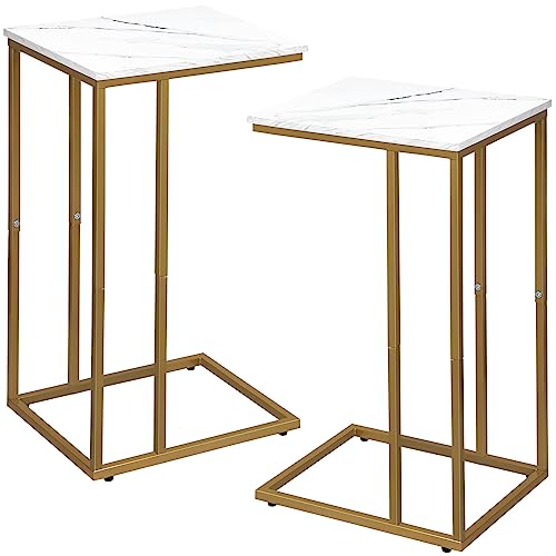 Possile C Shaped End Table Set of 2, Small Side Table for Sofa and Bed, Couch Tables That Slide Under, Snack Side Table for Living Room, Bedroom, White Faux Marble and Gold - color: Gold