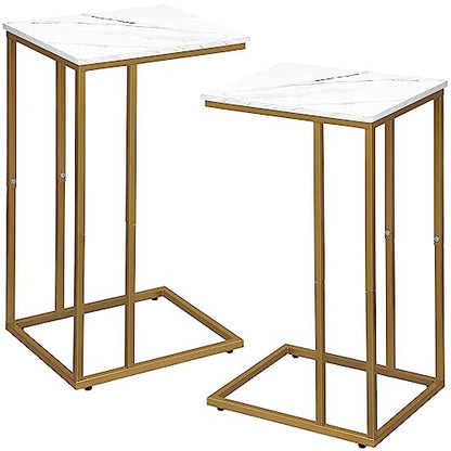 Possile C Shaped End Table Set of 2, Small Side Table for Sofa and Bed, Couch Tables That Slide Under, Snack Side Table for Living Room, Bedroom, White Faux Marble and Gold - color: Gold