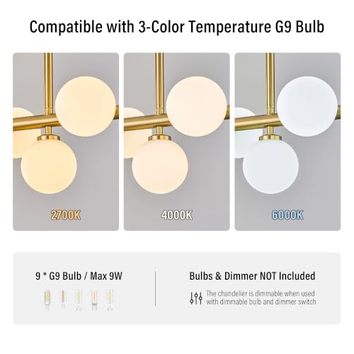 Mid Century Modern Globe Sputnik Chandelier, 9-Light Linear Chandeliers for Dining Room and Kitchen Island, Dining Light Fixture Over Table, Brass Gold and Milk White Glass Bubble, 40 Inch - color: Gold Milk White, size: 9-Light 40 Inch