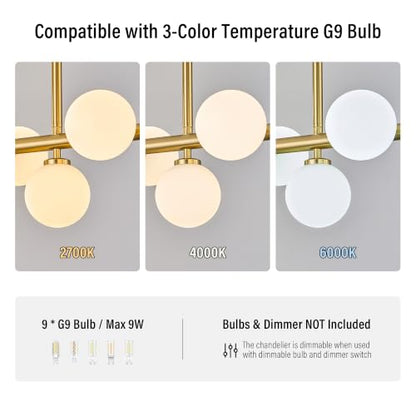 Mid Century Modern Globe Sputnik Chandelier, 9-Light Linear Chandeliers for Dining Room and Kitchen Island, Dining Light Fixture Over Table, Brass Gold and Milk White Glass Bubble, 40 Inch - color: Gold Milk White, size: 9-Light 40 Inch