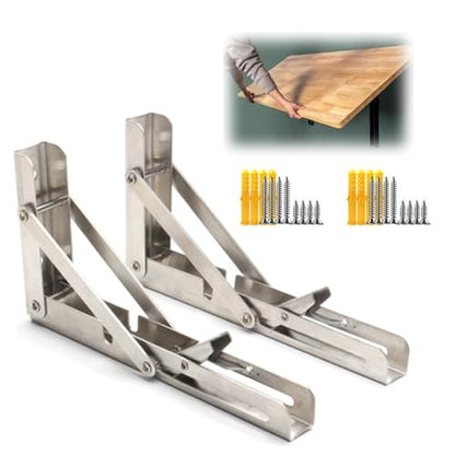 2 Pcs 16'' 304 Stainless Steel Collapsible Triangle Shelf Bracket | Heavy Duty, Folding Shelf Brackets, DIY Wall Mounted Folding Table Hinge, Space Saving for Bench Table, With Screws, Silver - size: 16 in (2Pcs)