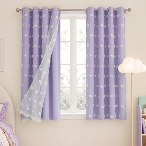 NICETOWN Lavender Purple Pom Pom Curtains, Room Darkening Double Layer Sheer Drapes for Girls Bedroom, Thermal Insulated Window Treatments, W52 x L63, 2 Panels - color: Lavender Purple, size: 52"W x 63"L (Pack of 2)