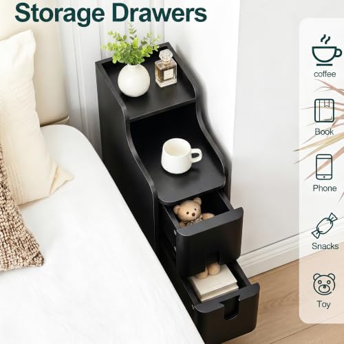 FurSch Narrow Nightstand Set of 2, Wooden Small 2 Drawer, Black | Slim Side End Table, Skinny Bedside Table, Mid Century Modern, 3-1 pc - color: Black 3-1 Pc