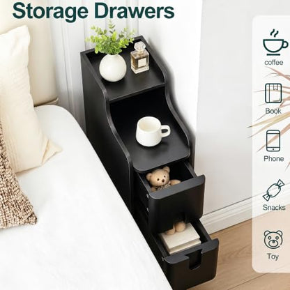 FurSch Narrow Nightstand Set of 2, Wooden Small 2 Drawer, Black | Slim Side End Table, Skinny Bedside Table, Mid Century Modern, 3-1 pc - color: Black 3-1 Pc