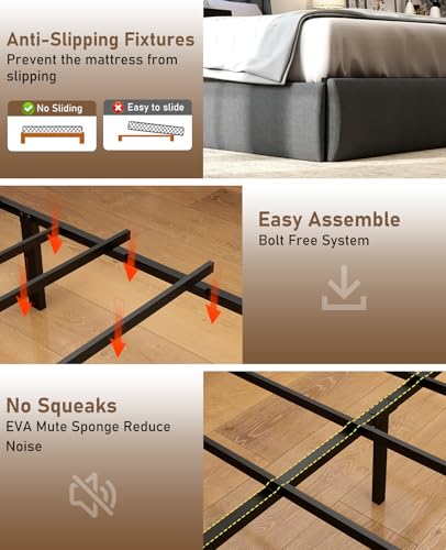 SADENICEL Queen Bed Frame with 4 Storage Drawer, Queen Size Bed Frame, Grey | Headboard with Charging Station and LED Lights, Metal Platform Bed with Storage Shelf, Noise Free, No Box Spring Needed - size: Queen, style: Channel Tufted & 4 Storage Drawers