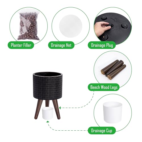 D'vine Dev Planter Pot with Wood Stand, 8 in, Distressed Black, 88-Z-A-5 | Mid-Century Modern Style, Elevated Plant Display, Drainage Hole and Plug, Functional & Stylish, Modern Indoor Planter - color: Distressed Black, size: Small