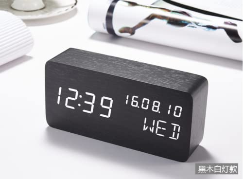 Wood Digital Alarm Clock Desk Time, Date(MM/DD/YY), Day of The Week, Temperature, Nightlight Large LED Display Portable Lamp Bedroom, Office, School, Home, Livingroom, Room (Black) - color: Black