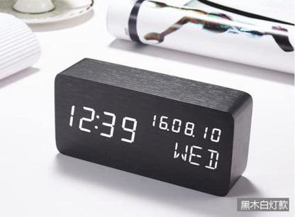 Wood Digital Alarm Clock Desk Time, Date(MM/DD/YY), Day of The Week, Temperature, Nightlight Large LED Display Portable Lamp Bedroom, Office, School, Home, Livingroom, Room (Black) - color: Black