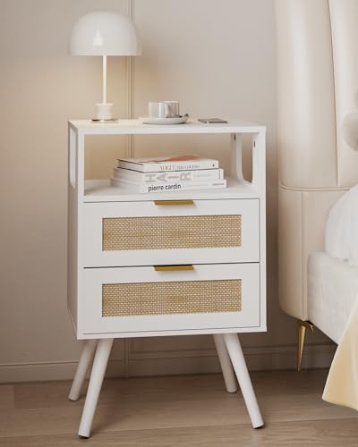 Rattan Nightstand,Farmhouse Bedside Table with 2 Storage Drawer and Open Wood Shelf, for Bedroom and Small Spaces,Night Stand with Solid Wood Legs (White) - color: White